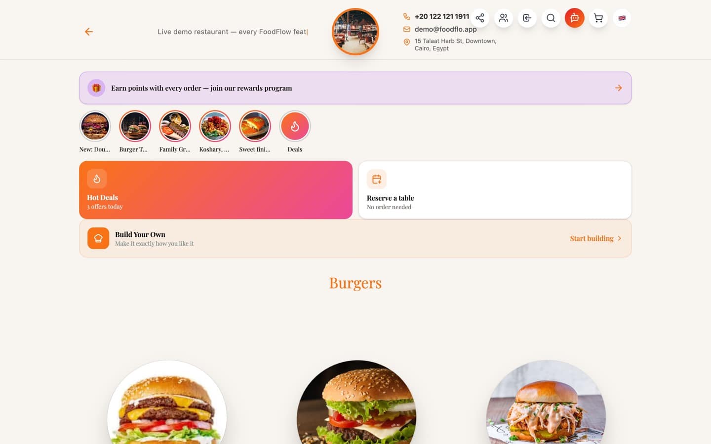 Burgers category open on the storefront menu